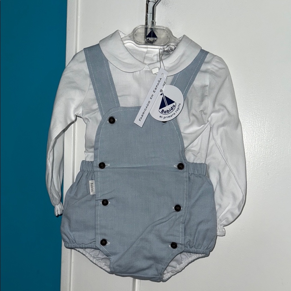 Babidu overall shorties with white long sleeve shirt